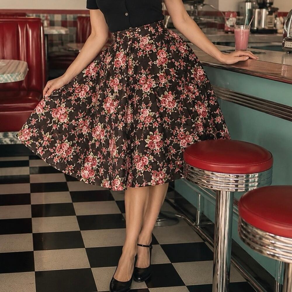 Hell Bunny Vixen Brown Rose Print A Line Swing Midi Rosie Skirt Size Large